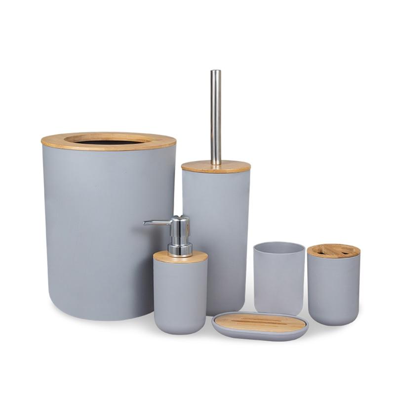 Bathroom Accessories Set 6Pcs Bamboo Bathroom Kit Toothbrush Holder Soap Dispenser Toilet Brush Trash Can Bathroom Essential Set