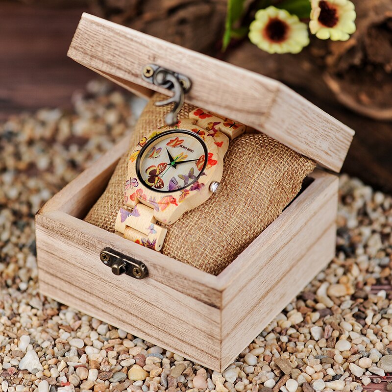 Women's Bamboo Butterfly Printed Quartz Watch
