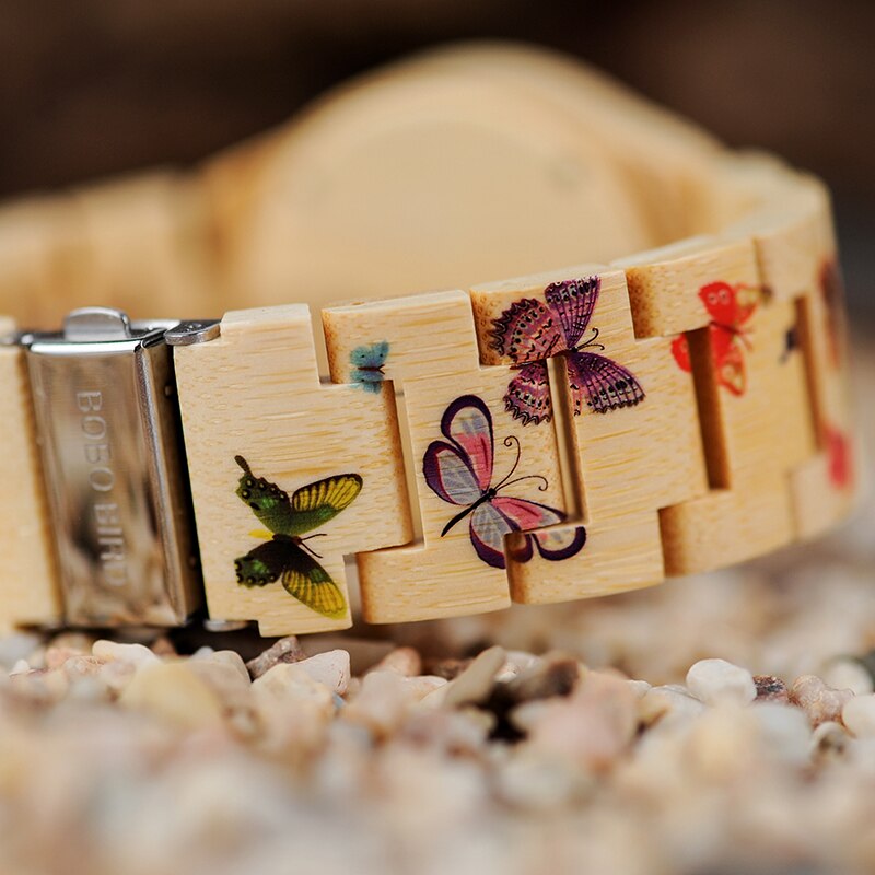 Women's Bamboo Butterfly Printed Quartz Watch