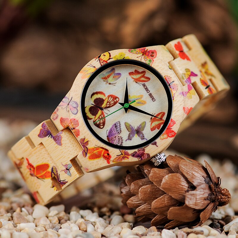 Women's Bamboo Butterfly Printed Quartz Watch