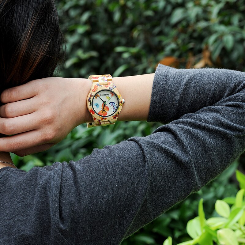 Women's Bamboo Butterfly Printed Quartz Watch