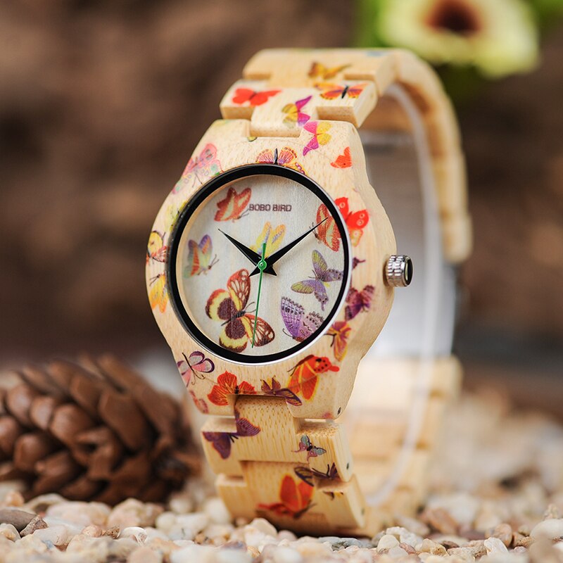 Women's Bamboo Butterfly Printed Quartz Watch
