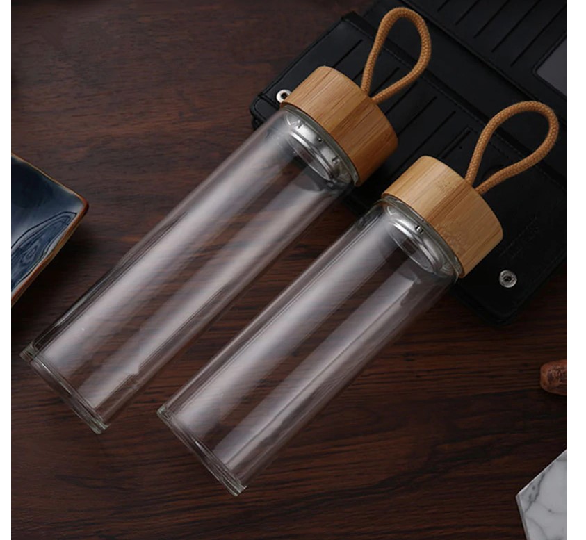 Glass Water Bottle with Bamboo Lid and String