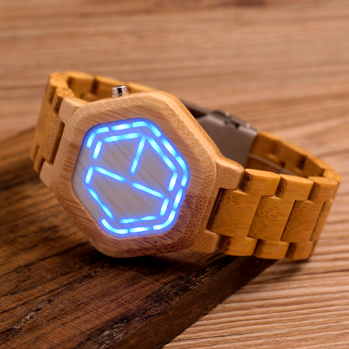 Luminous LED Display Bamboo Wood Digital Men’s Watches